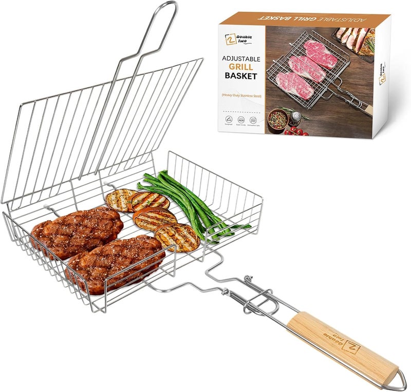 2 DOUBLE TWO DOUBLE TWO - Stainless Steel Grill Basket, Grilling Baskets for Outdoor Grill, for Meat, Fish, Vegetable, BBQ Accessory, With Height Adjustable Cover & Detachable Handle, Easy to use, 1Pcs - Image 1
